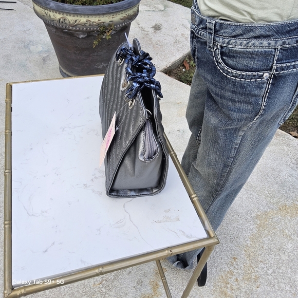 BETSEY JOHNSON GUNMETAL LUV BETSEY QUILTED SATCHEL w/LUCITE CHAINS - Picture 2 of 6